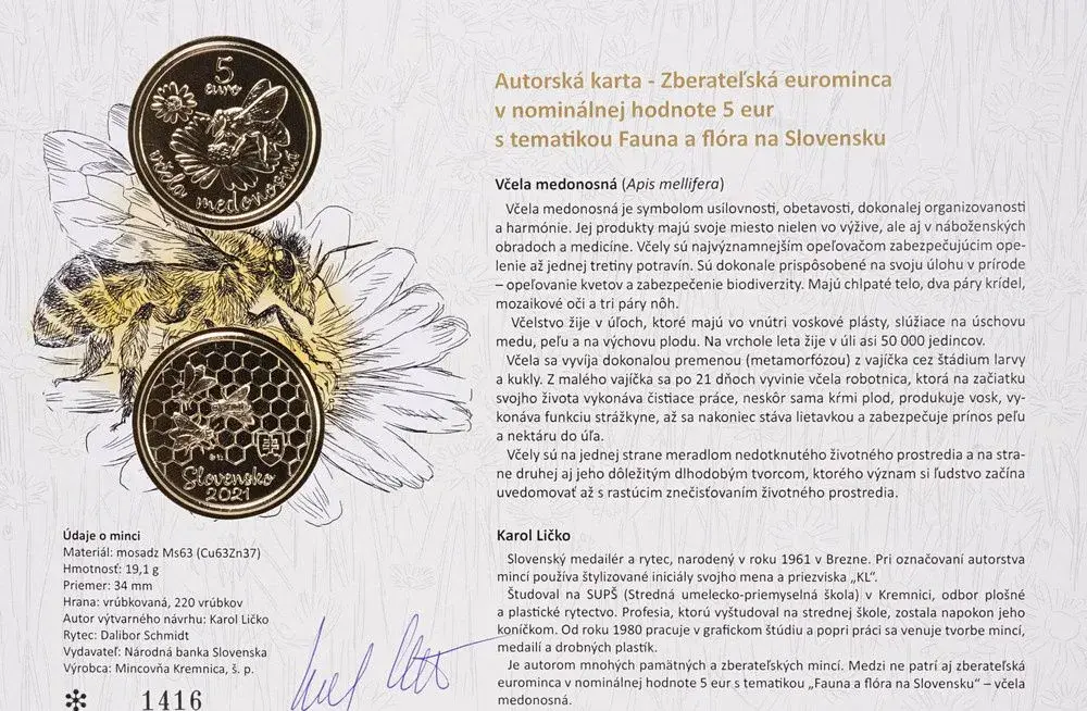 Pamätný list - 5€ včela medonosná