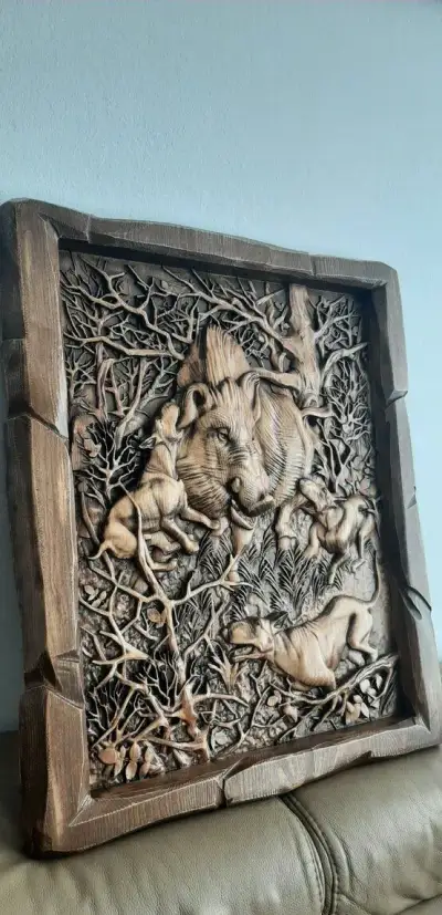 Drevený obraz Poľovnícke motívy 48×57cm,HR.4cm.