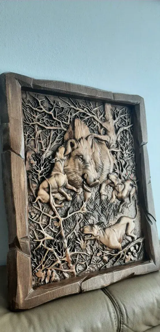Drevený obraz Poľovnícke motívy 48×57cm,HR.4cm.