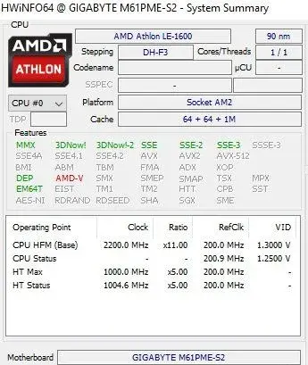 AMD Athlon LE-1600 BOX 2,2GHz 2200MHz, 1MB cache