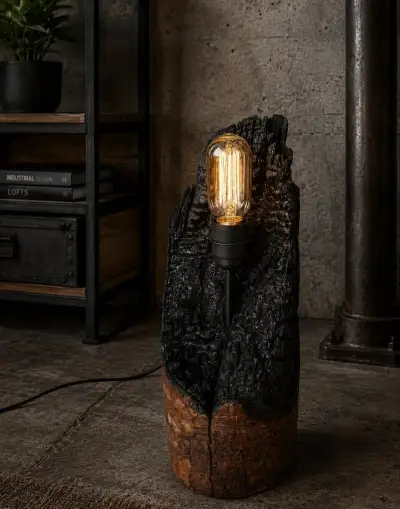 Designová lampa z vypáleného pňa