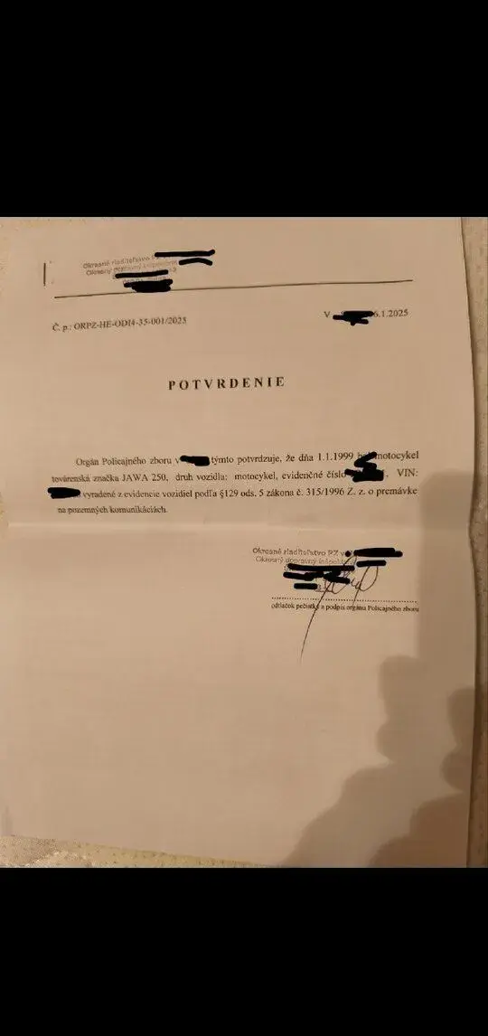 Papier o vyradení Jawa 250/559