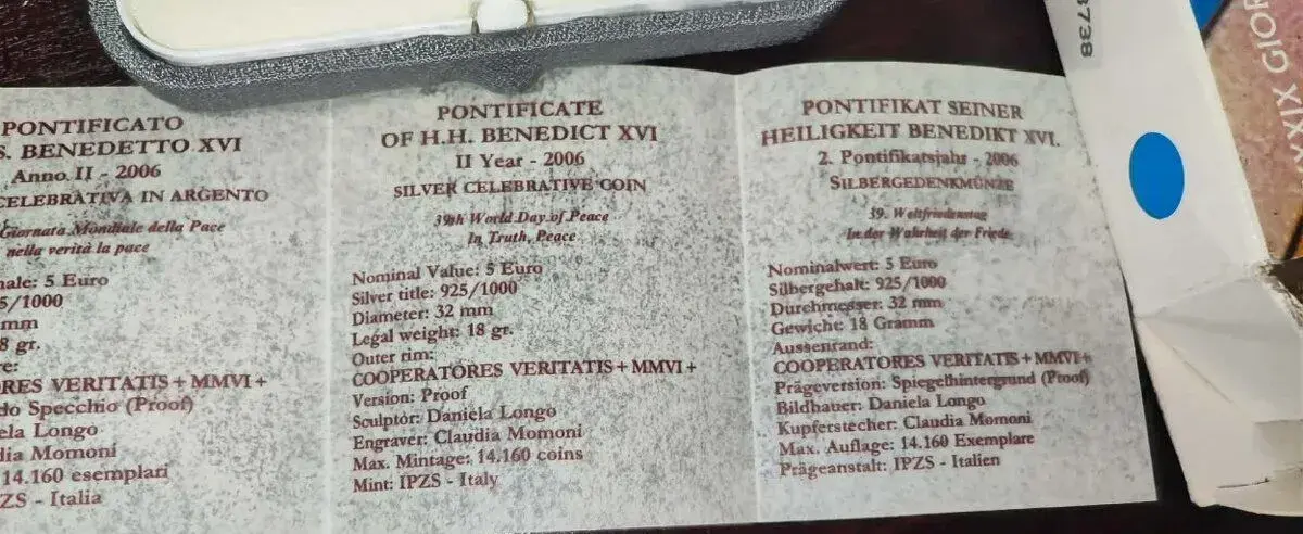 Vatikán Proof 5€, ročník 2006, Pontifikát pápeža Benedikta