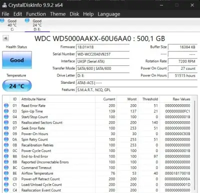 WD Blue 500GB, stav na obrázku