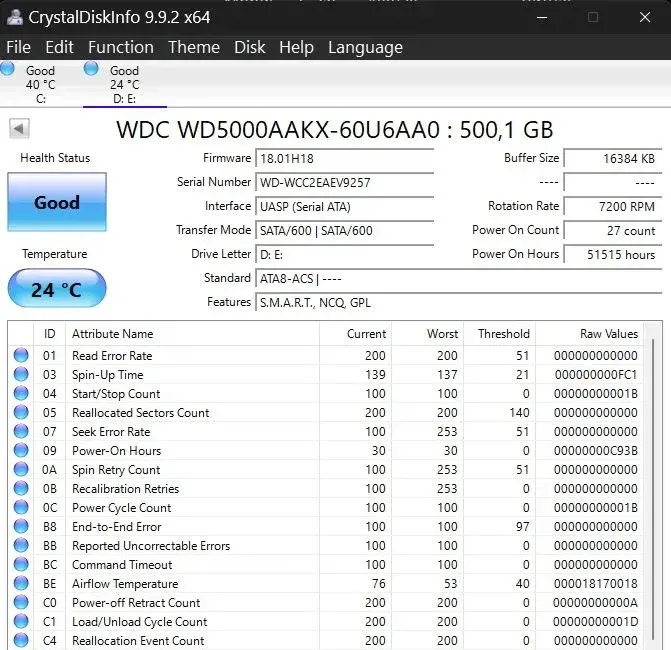 WD Blue 500GB, stav na obrázku