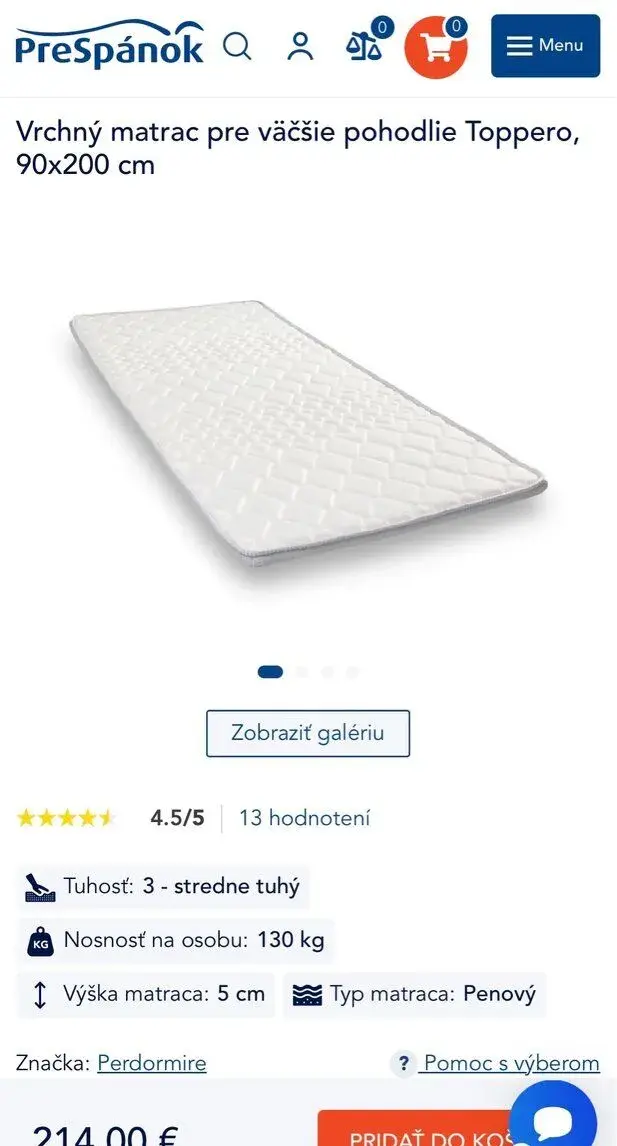 Vrchny matrac (topper), 90x200, 2 kusy