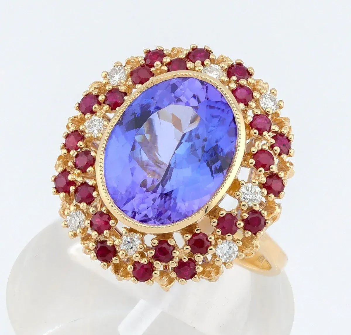 Prsteň Royal 14ct zlato, tanzanit 5,27ct, rubíny, IGI