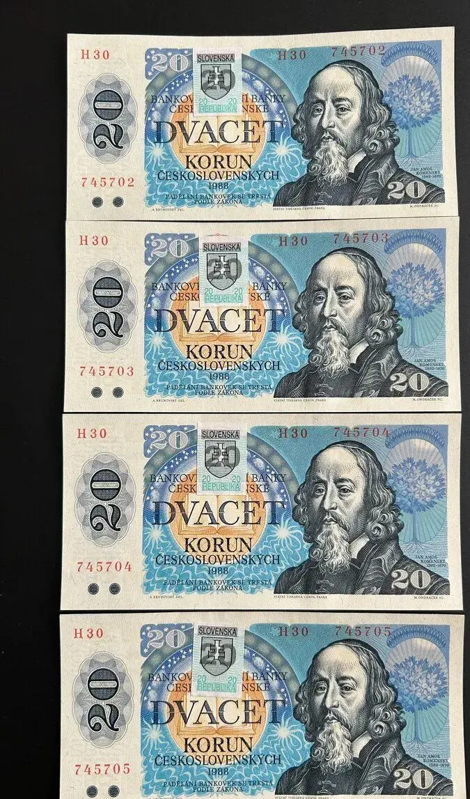 Bankovky 20 Kčs 1988 SK kolok Unc čísla po sebe