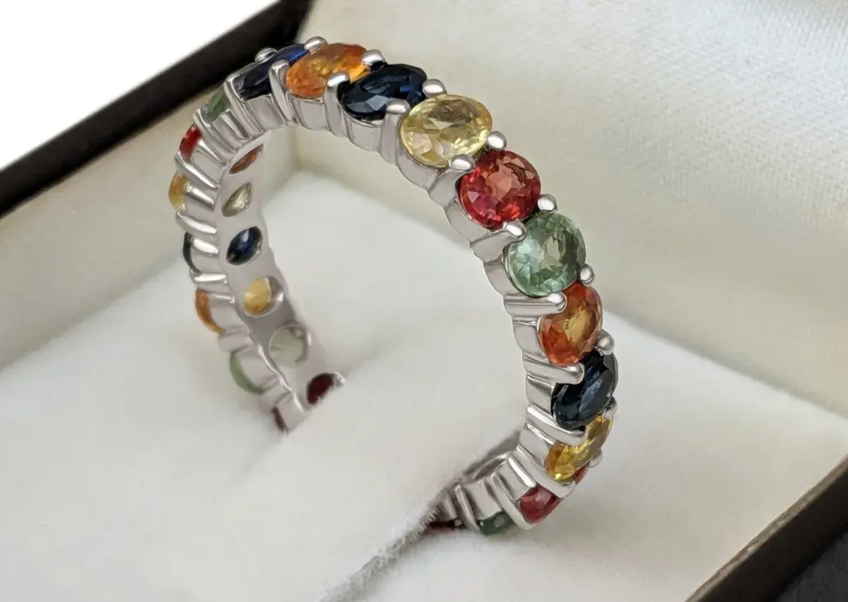 Eternity prsteň 14ct biele zlato, farebné zafíry 4,83ct