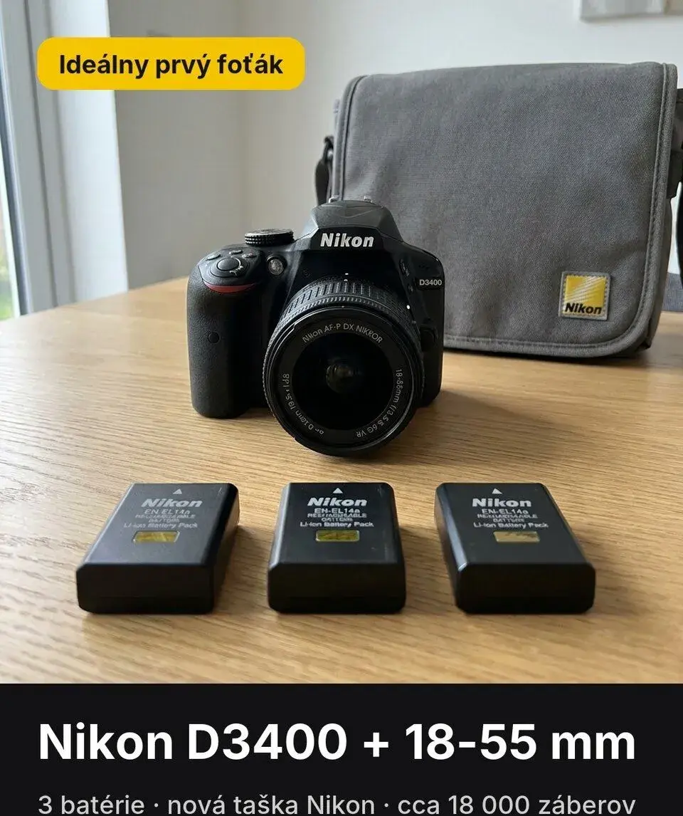 Nikon D3400 + 18-55 mm + 3 batérie + nová taška
