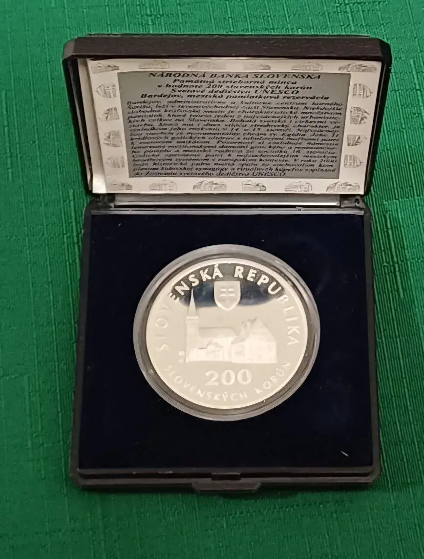 Strieborná pamätná minca 200Sk,2004,UNESCO, Bardejov, proof