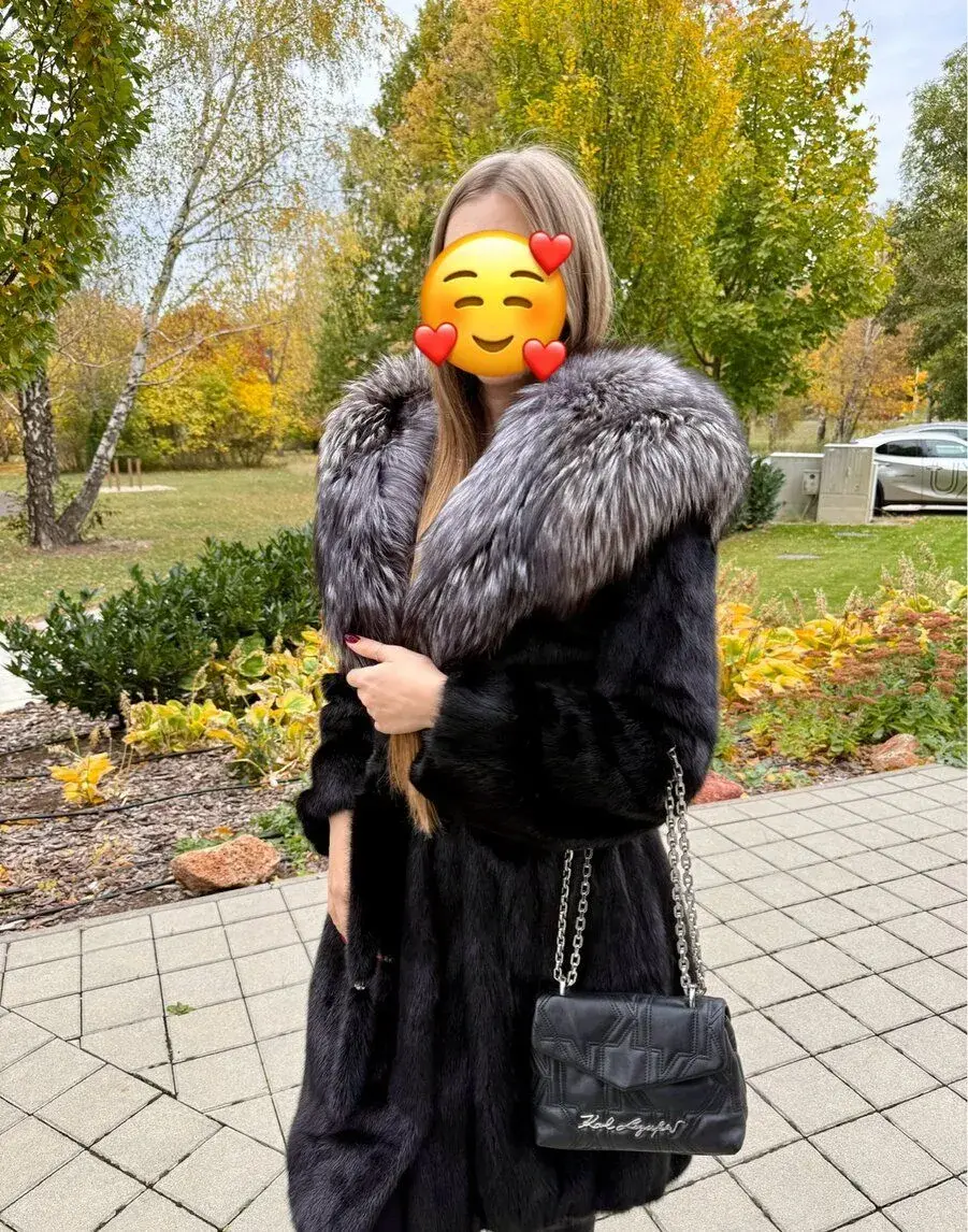 Luxusný pravý norkový kabát / kožuch s kapucňou
