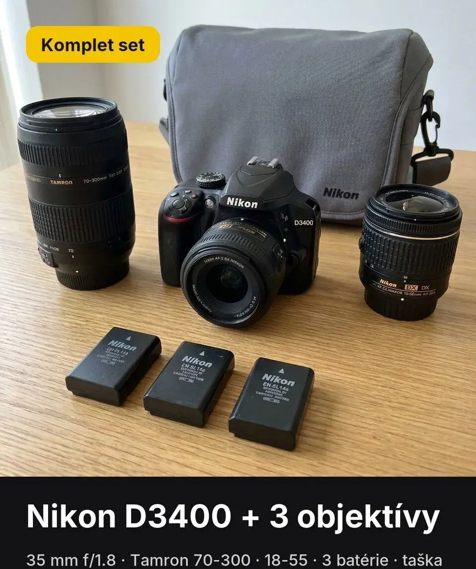 Nikon D3400 + 3 objektívy (35 mm f/1.8, Tamron 70-300) + taš