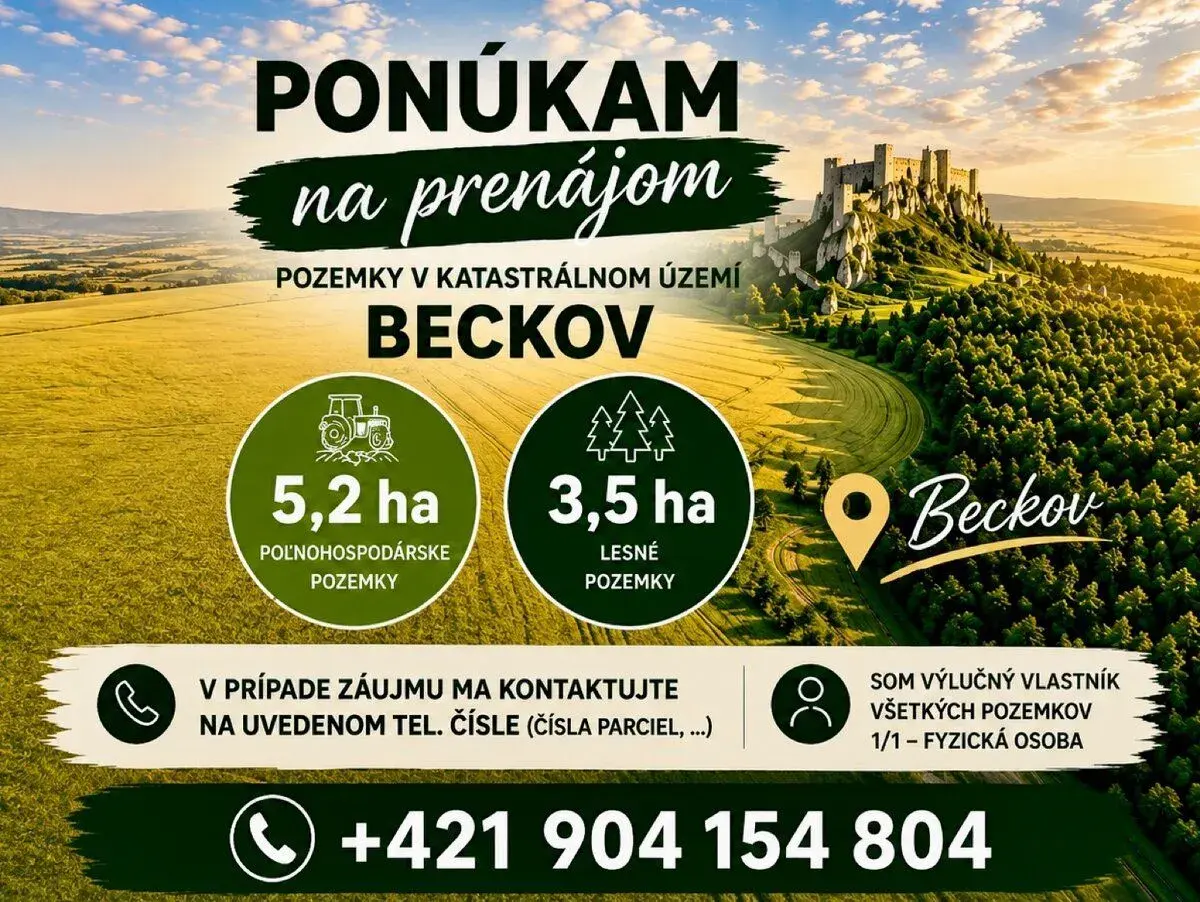 Prenajmem poľnohospodárske a lesné pozemky – Beckov