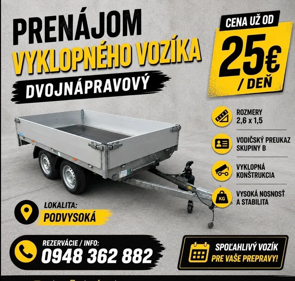 Prenajom dvojnapravoveho vyklopneho vozika 256x150x30cm
