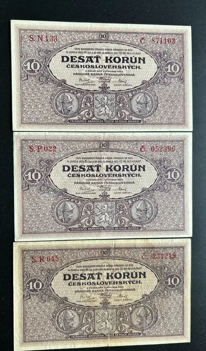 Bankovky 1.ČSR 10 Korún 1927 séria R, P a N