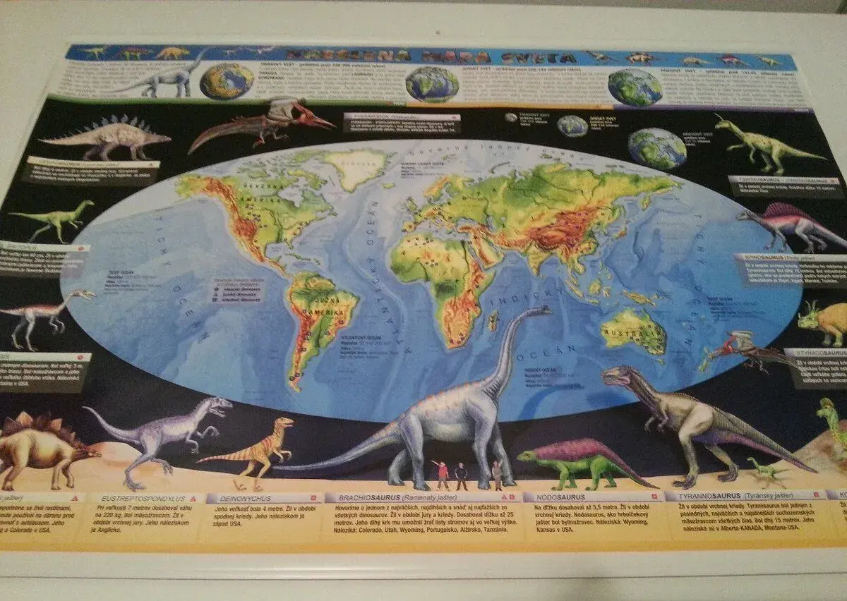 Plagát dinosaury kreslená mapa sveta