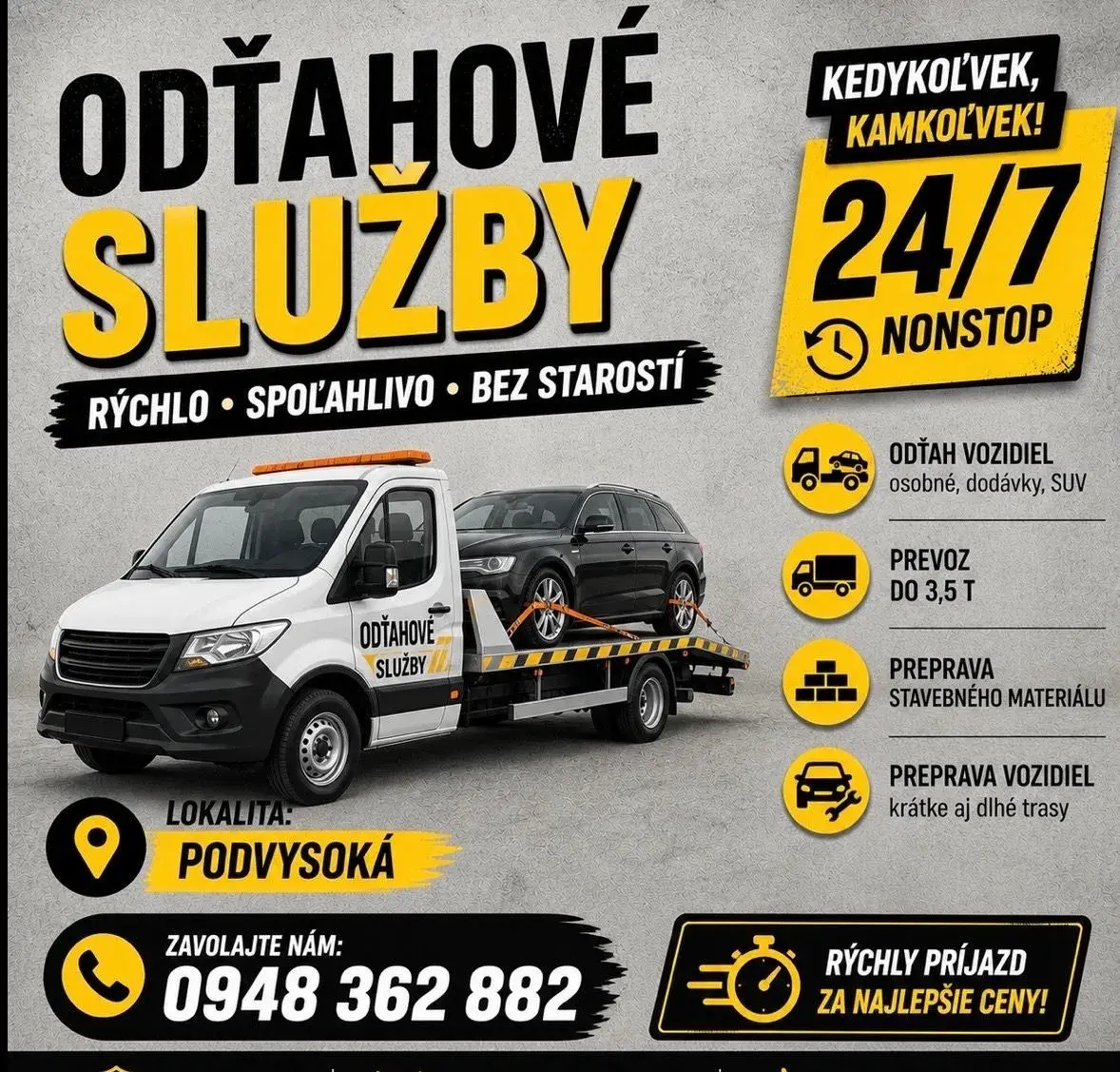 Odťahová služba SOS NONSTOP 24/7 preprava tovaru