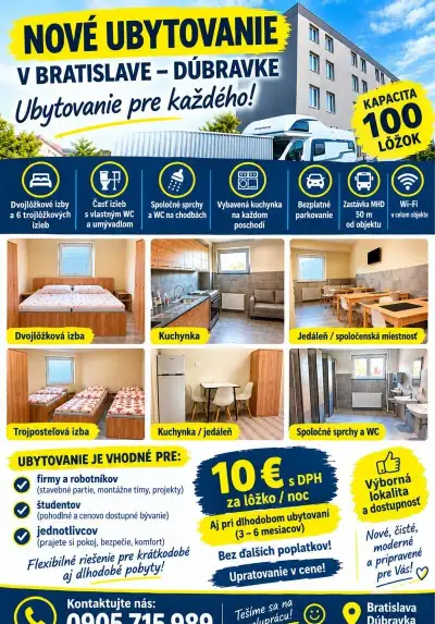 NOVÉ UBYTOVANIE – 100 LÔŽOK, BRATISLAVA DÚBRAVKA
