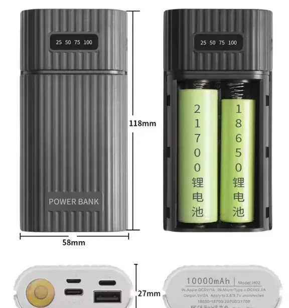 powerbank púzdro pre 2x 18650/21700 batériu so svetlom