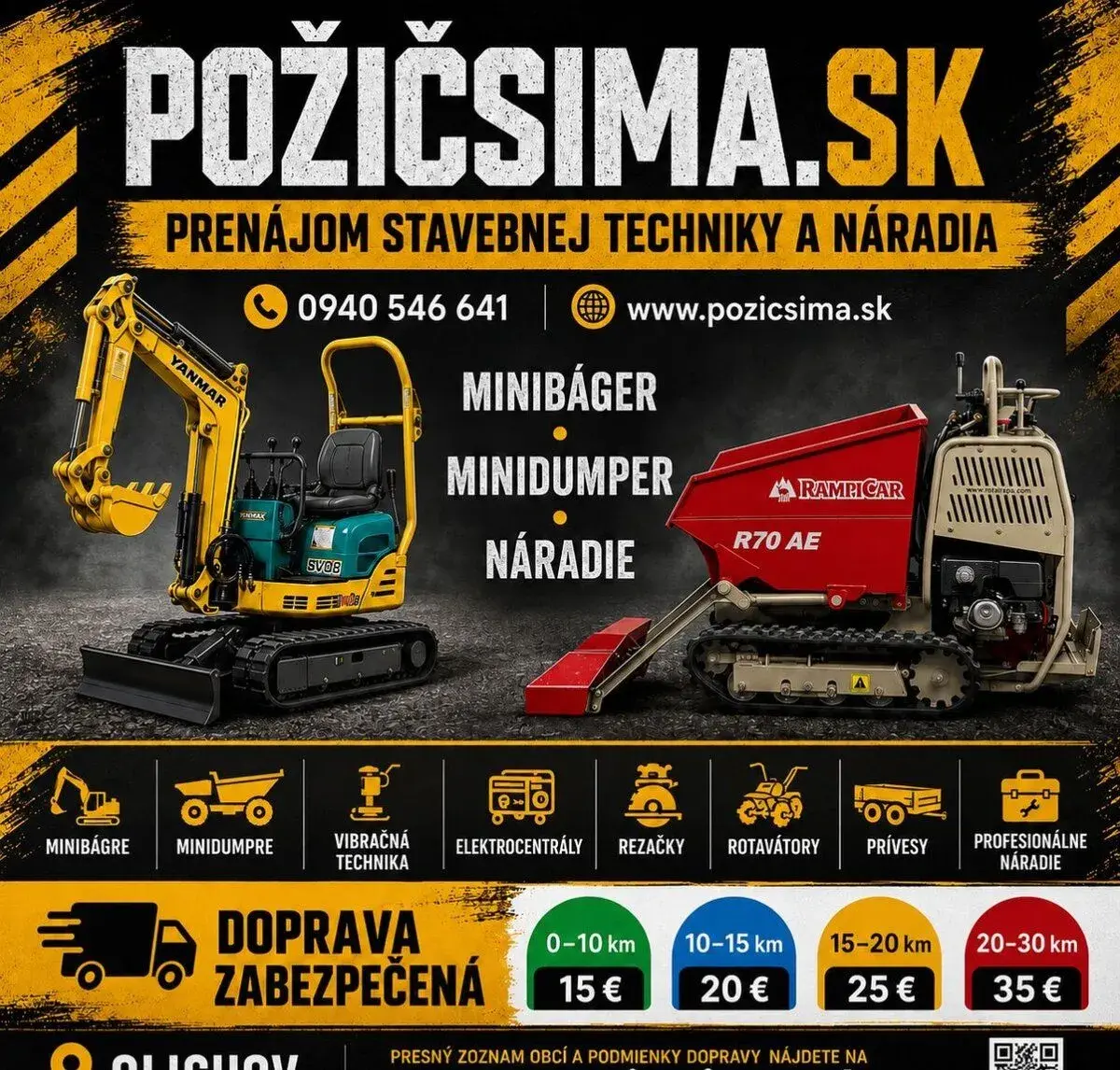 Prenájom minibagra, minidumpera, vibračnej dosky – Požičovňa