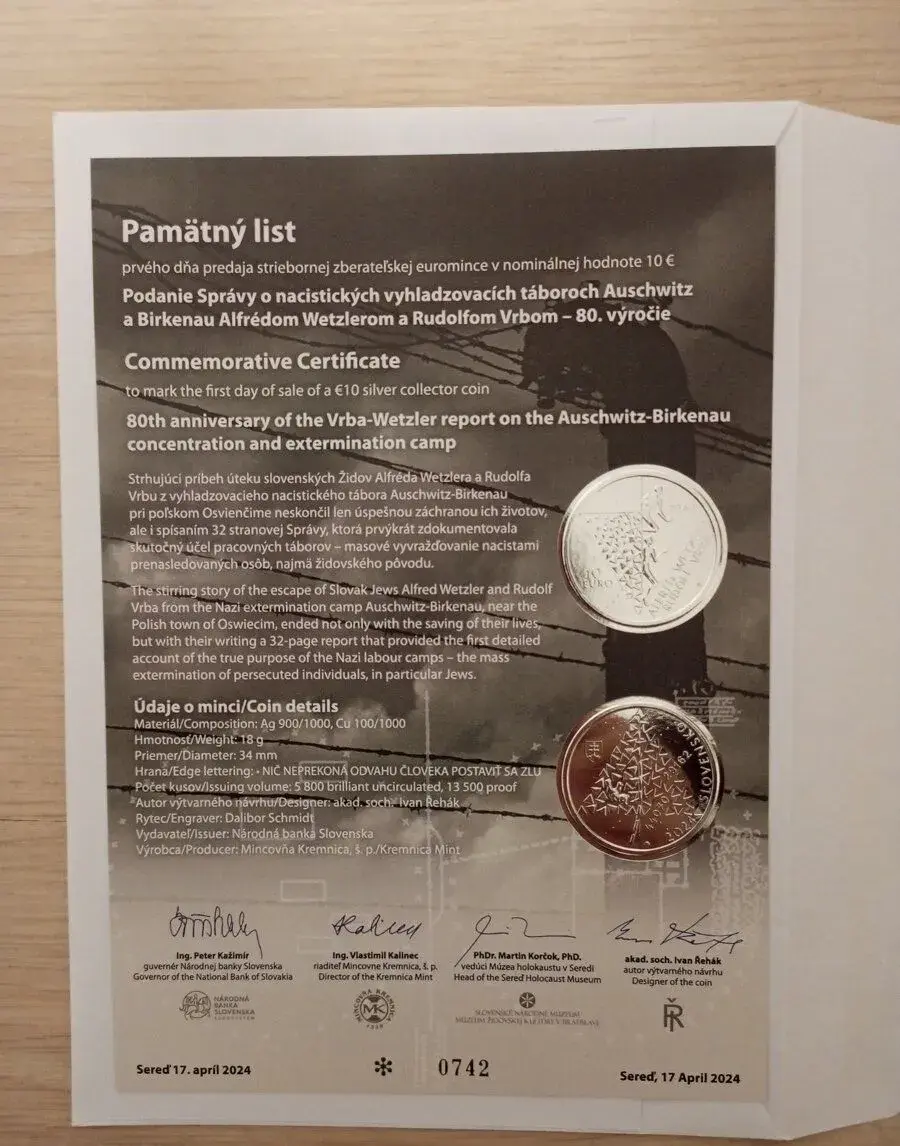 Pamätný list 10€ Podanie správy Auschwicz a Birkenau
