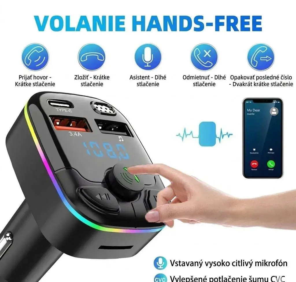 FM vysielač s Bluetooth a RGB podsvietením
