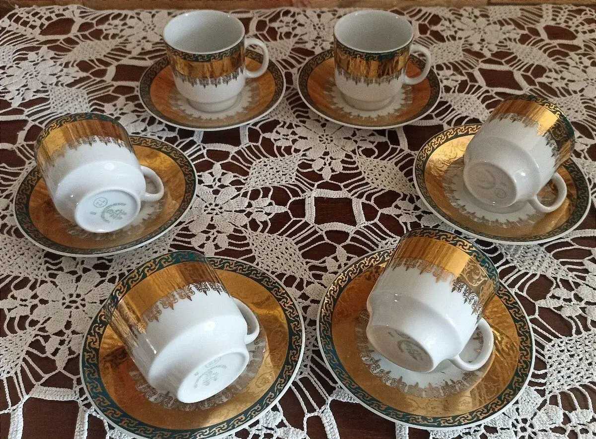 Retro porcelánová kávová súprava (H&C Chodov) - zeleno-zlatá