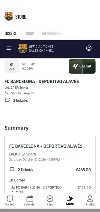 2 x lístok BARCELONA -ALAVES, Camp Nou