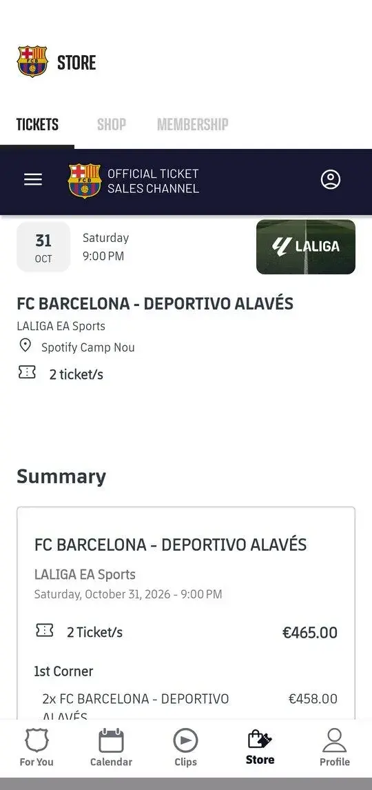2 x lístok BARCELONA -ALAVES, Camp Nou