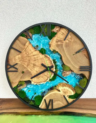 Machové hodiny s epoxidom a drevom 50cm Agátové hodiny