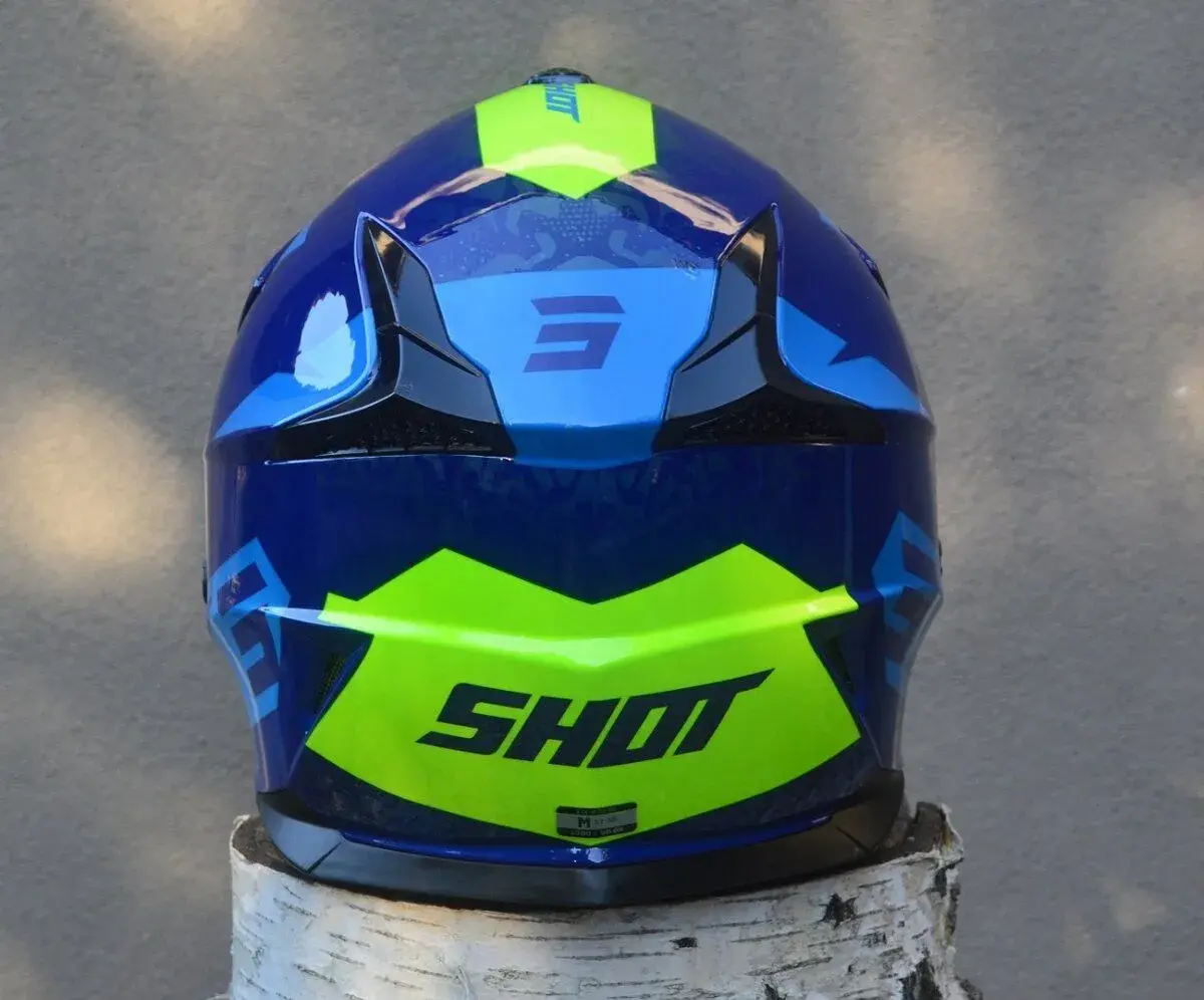 prilba helma motocross shot modrá žltá neon.