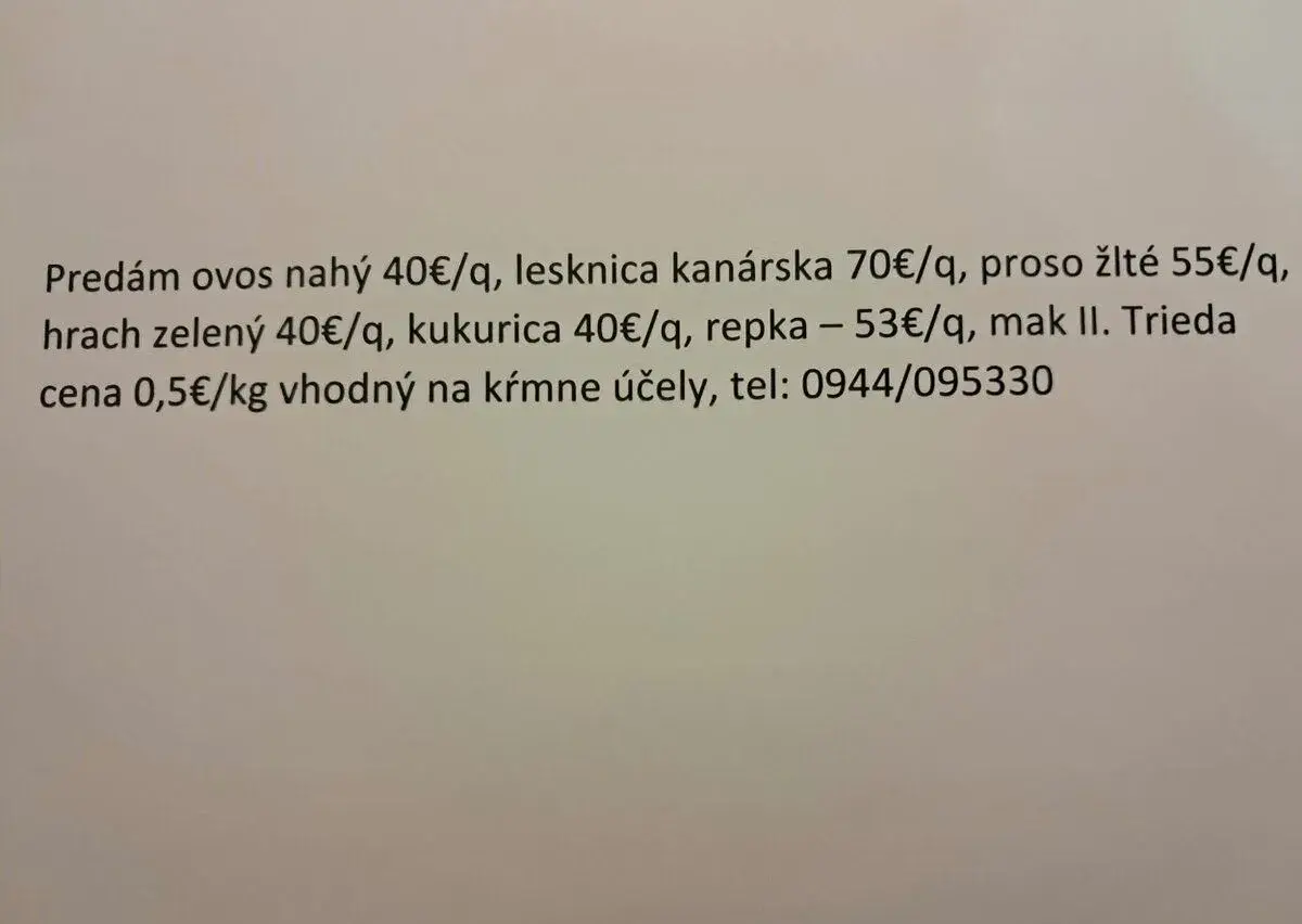 Ovos nahý, Lesknica , Proso , Hrach, Kukurica, Repka, mak