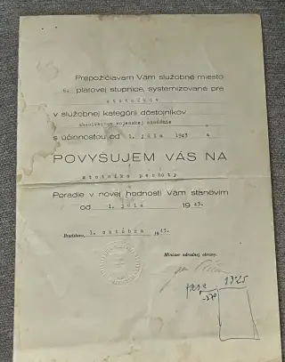 Slovenský štát povyšovací dekrét kapitán - stotník