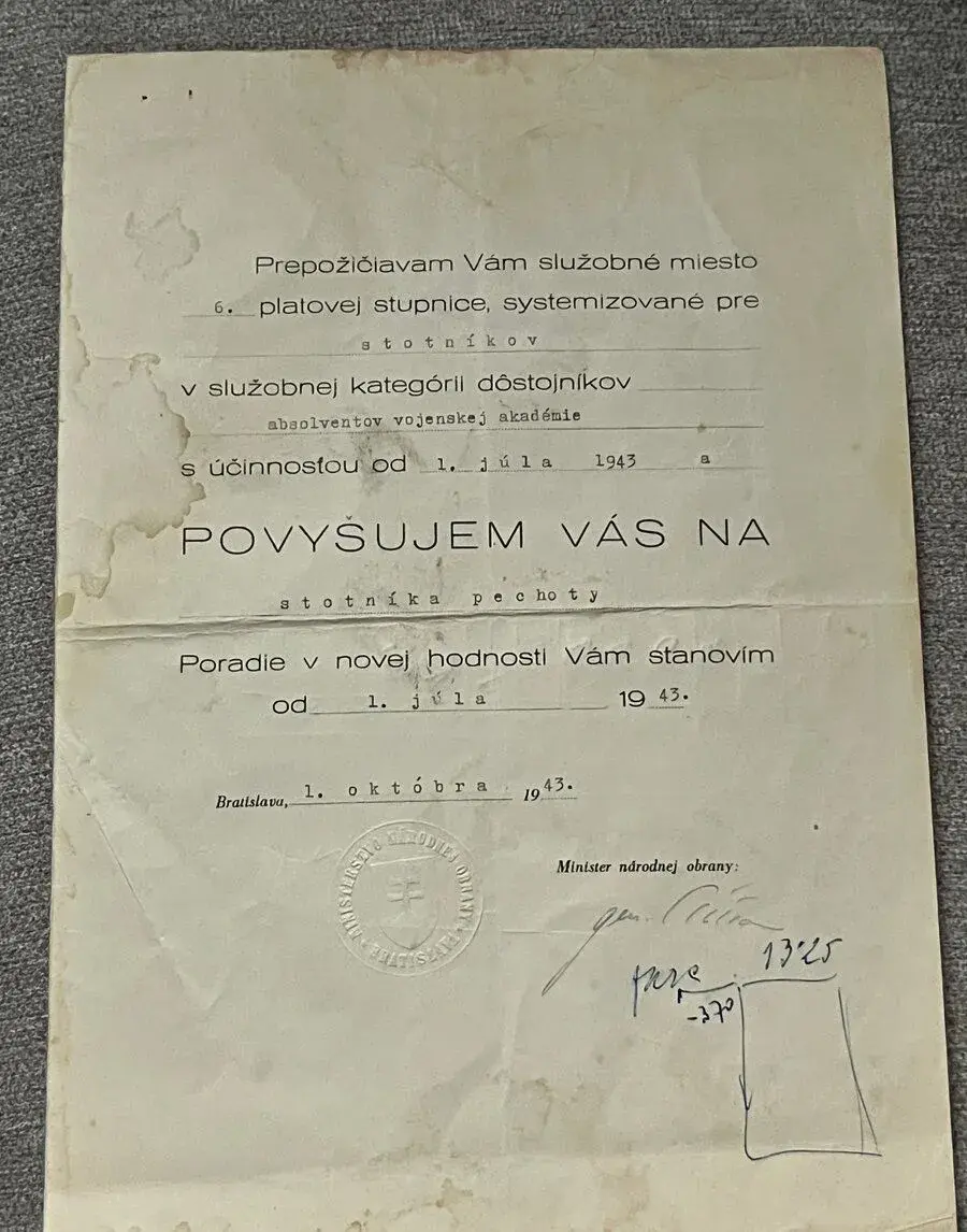 Slovenský štát povyšovací dekrét kapitán - stotník