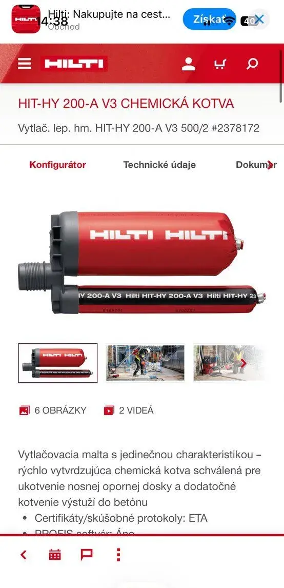 Hilti HIT-HY 200-A V3 – chemická kotva