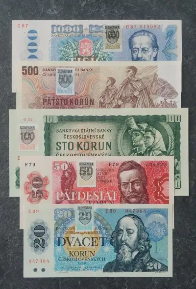 Kompletná sada bankoviek ČSSR + SK kolok