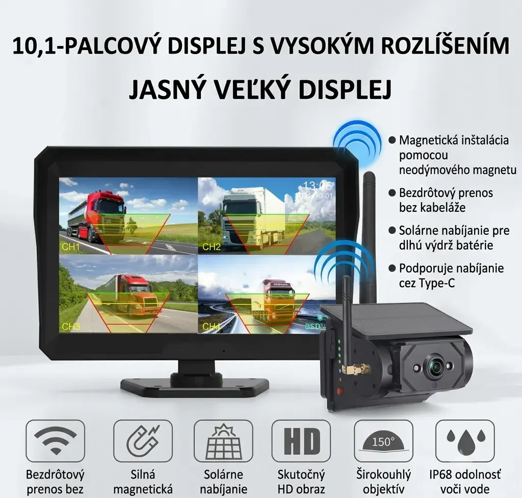 Bezdrôtová parkovacia+cúvacia súprava,10″LCD+solárna kamera