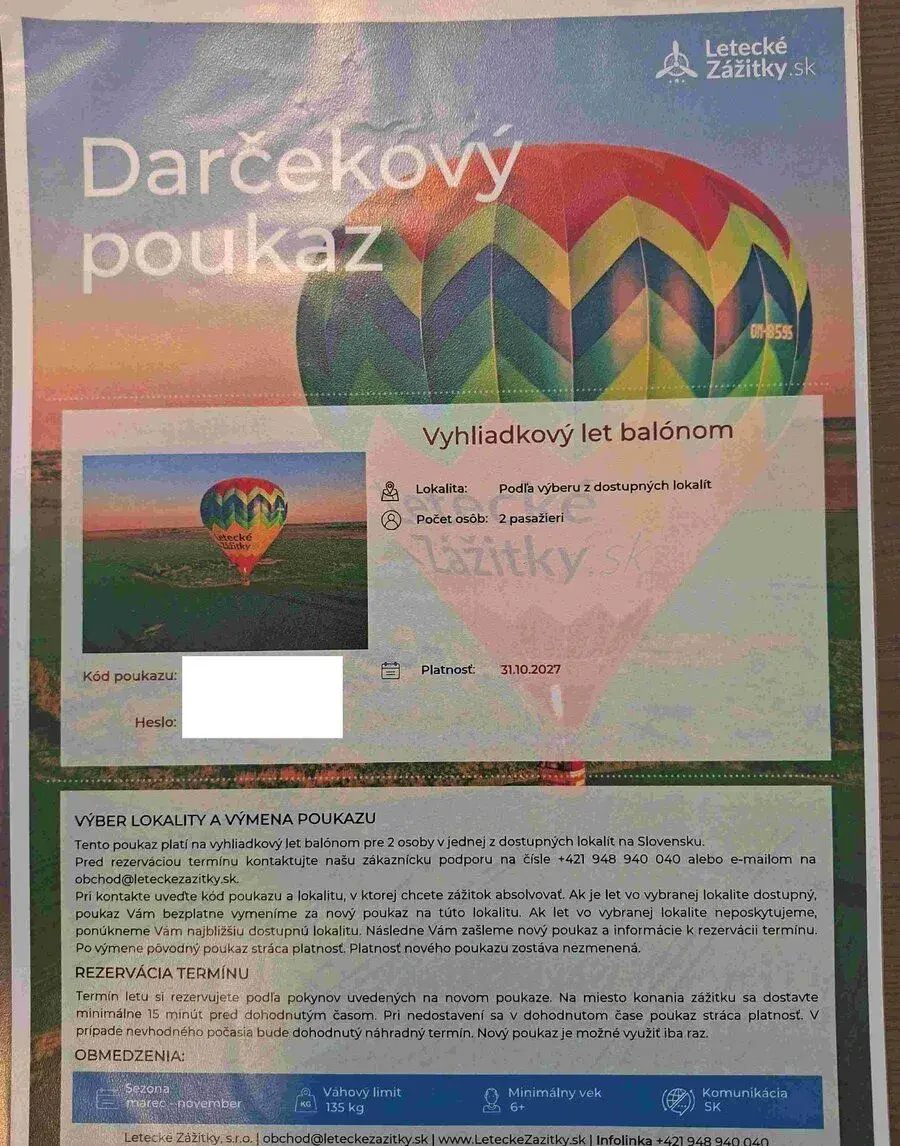 Poukaz na vyhliadkový let balónom pre 2 osoby