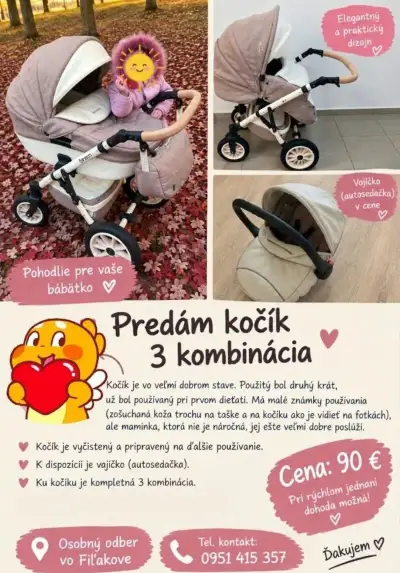​🌸 Na predaj: krásny a zachovalý kočík RIKO (3-v-1) 🌸