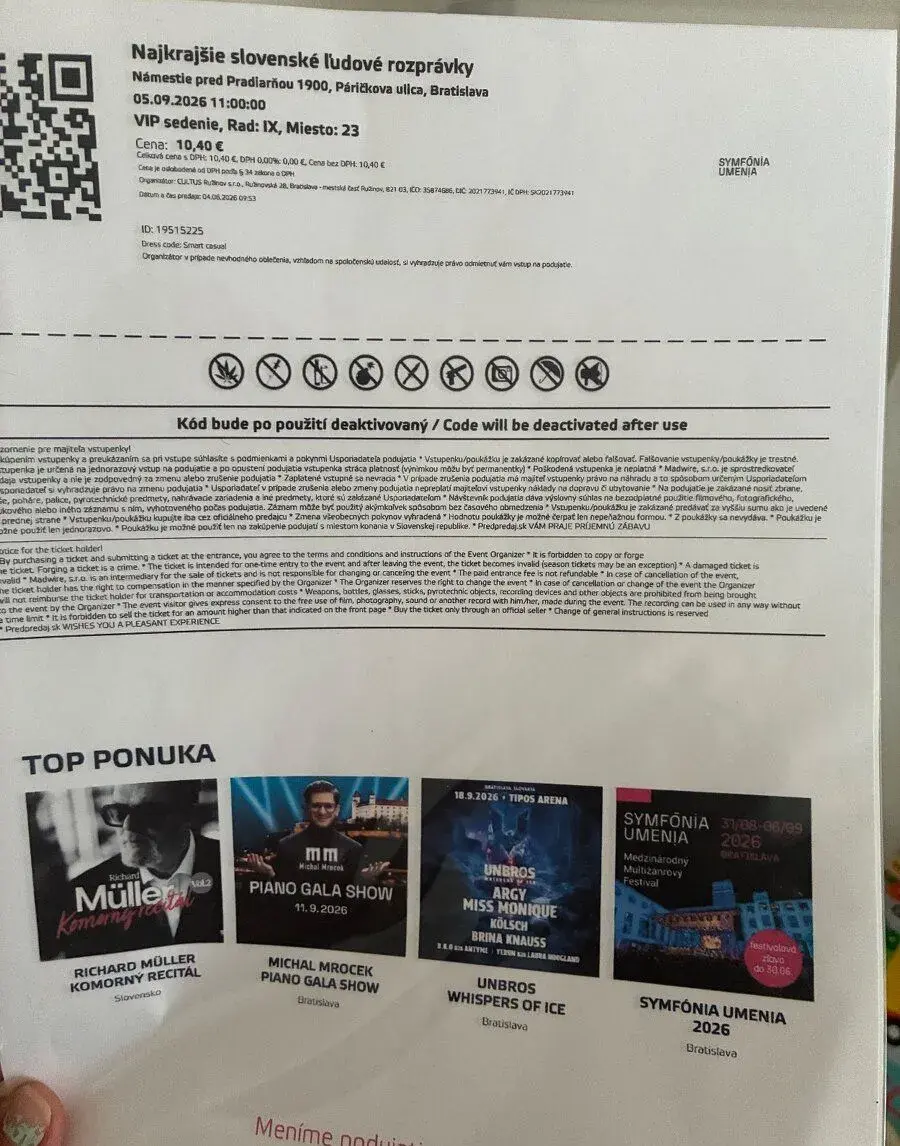 Vstupenky 4ks VIP sedenie na predstavenie ľudové rozpravky