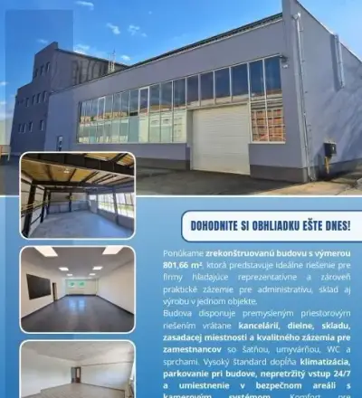 Prevádzkovo – administratívna budova vo výmere 801,66m2 na p