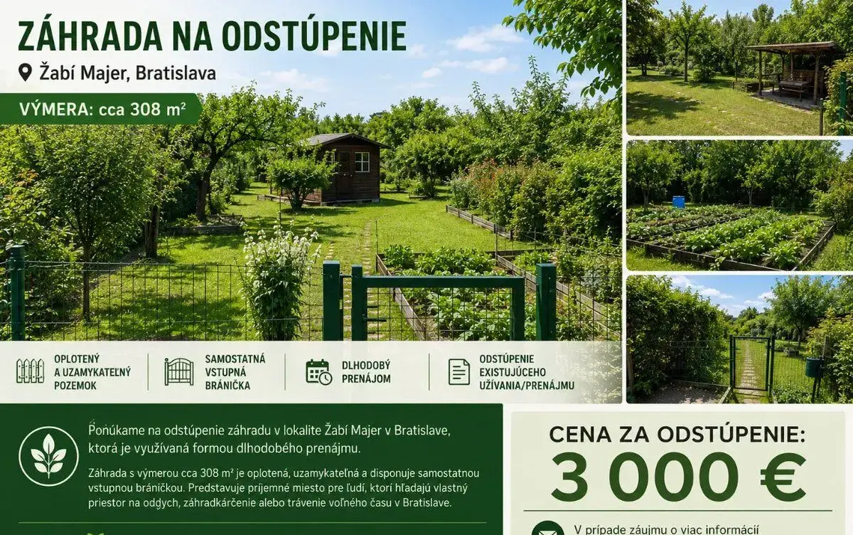 ZÁHRADA NA ODSTÚPENIE | Žabí Majer, Bratislava | cca 308 m²
