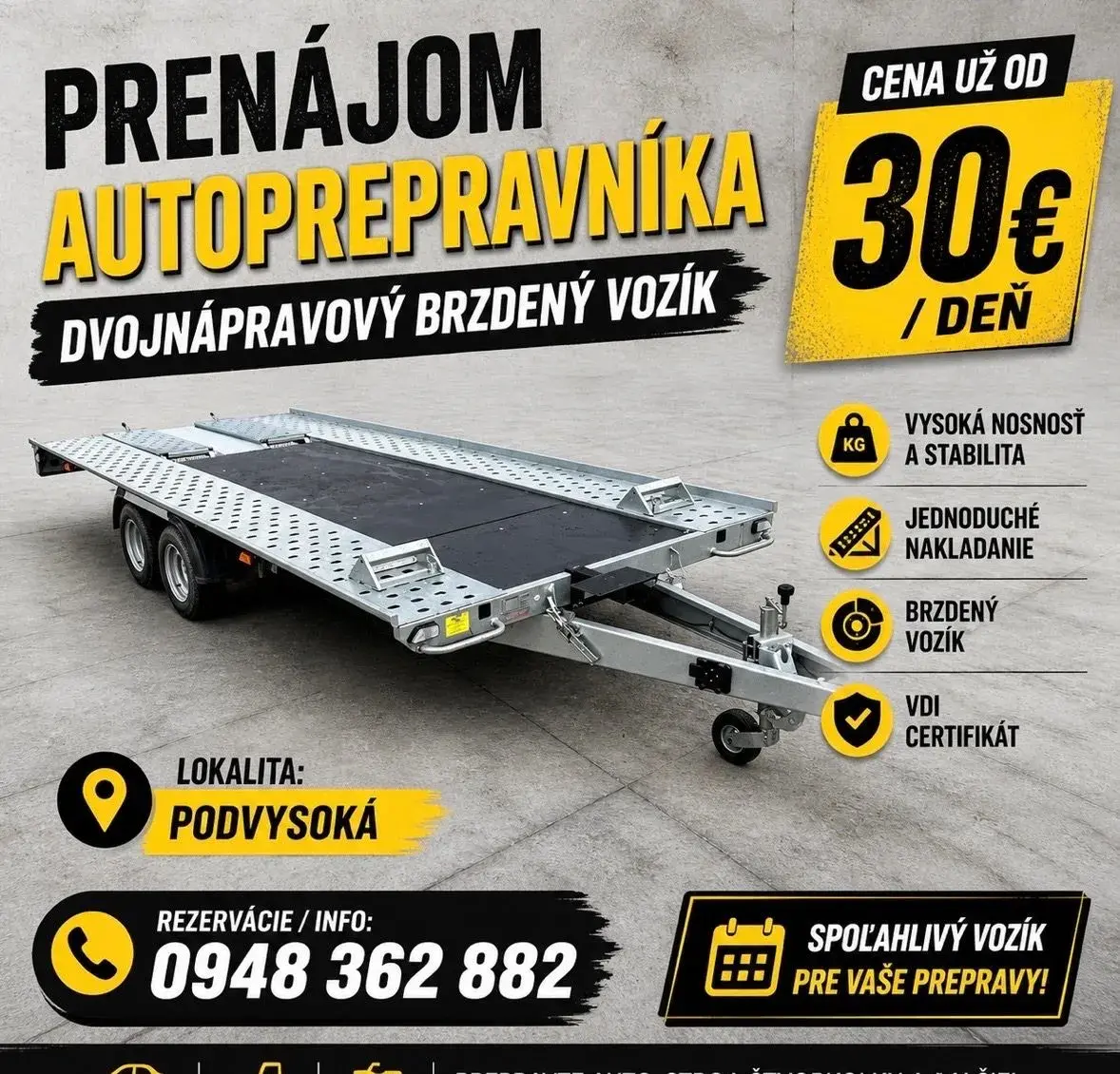 Prenájom vozika Požičovňa privesu 4,7x2m VDI 3000kg