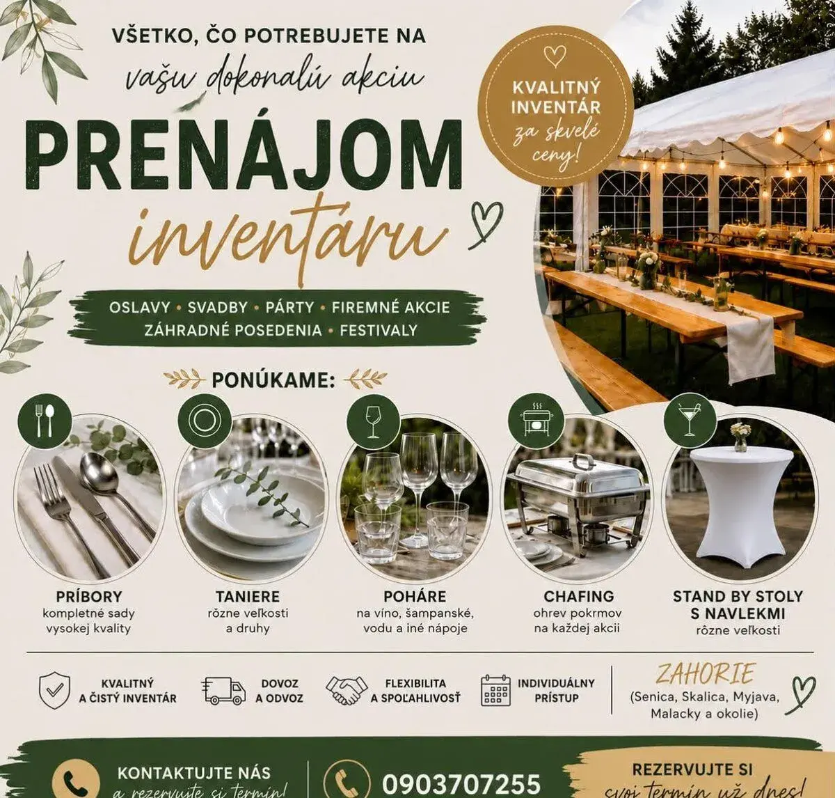 Prenájom inventáru na svadby, oslavy, firemne akcie