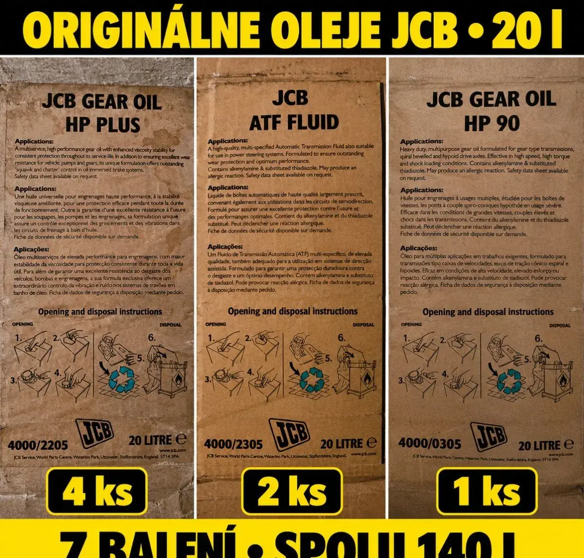 Originálne oleje JCB 20 l – ATF, Gear Oil HP Plus, HP 90