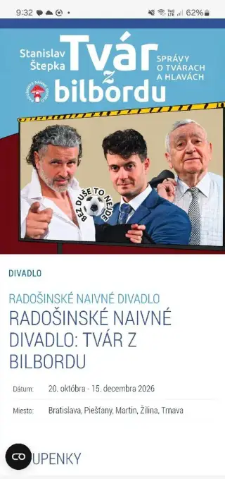 2 listky: Radošinske divadlo:Tvár z bilbordu,Piešťany,21.10.