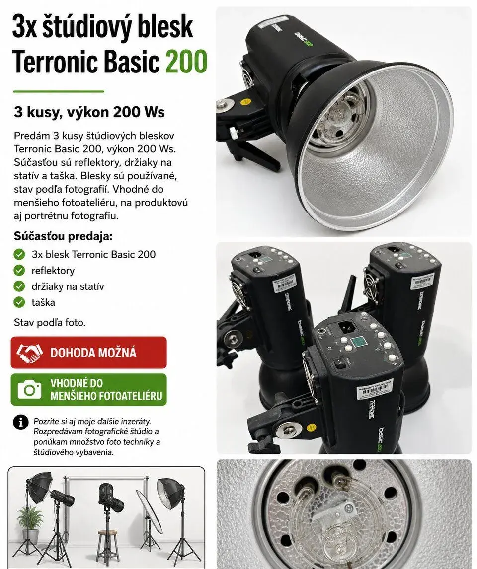 3× Terronic Basic 200 – štúdiové blesky